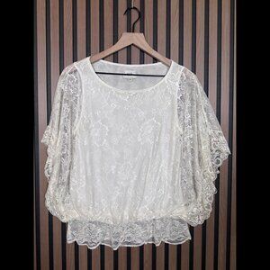 Eci Top Medium Womens White Lace Blouson Sheer 100% Nylon Blouse